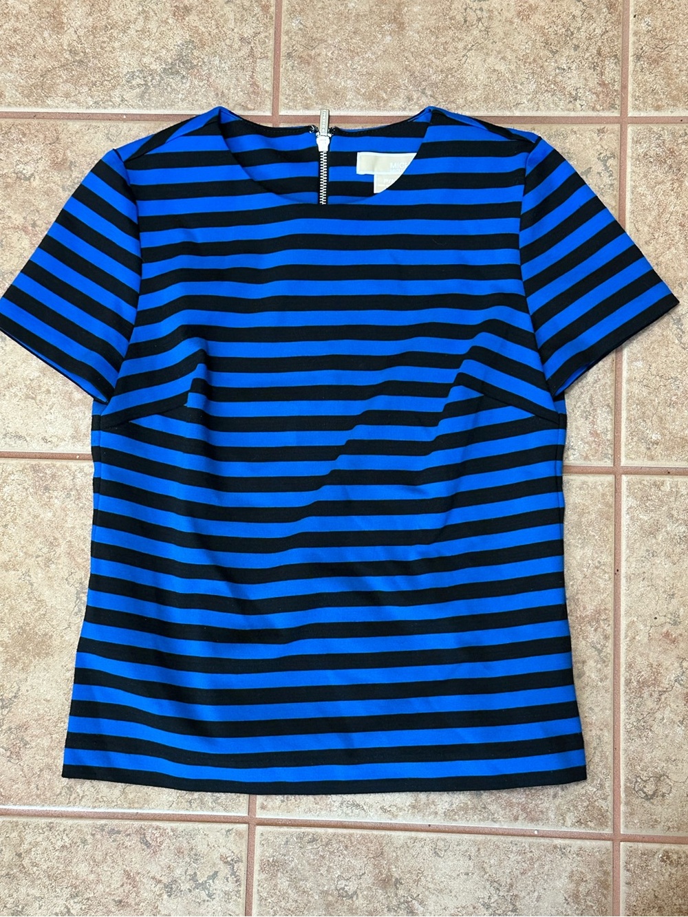 Michael Kors Blue Black Striped Top Blouse Zip Back Sz PM Petite A7-057